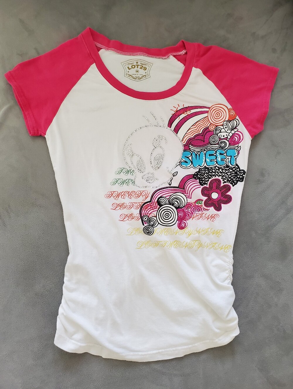Lot29 Vintage Y2K Looney Tunes Tweety Bird Rhinestone/Bedazzled Raglan Tee M